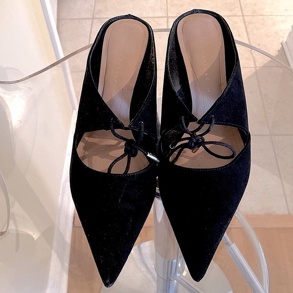 Zara Zapato Tacón Cono Lazada  black mules soft suede like fabric,laces 🖤🖤 - Picture 2 of 7
